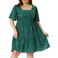 thumbnail image 1 of DARING DIVA Plus Size Chiffon Square Neck Short Sleeve Metallic Dress 3X Green, 1 of 5