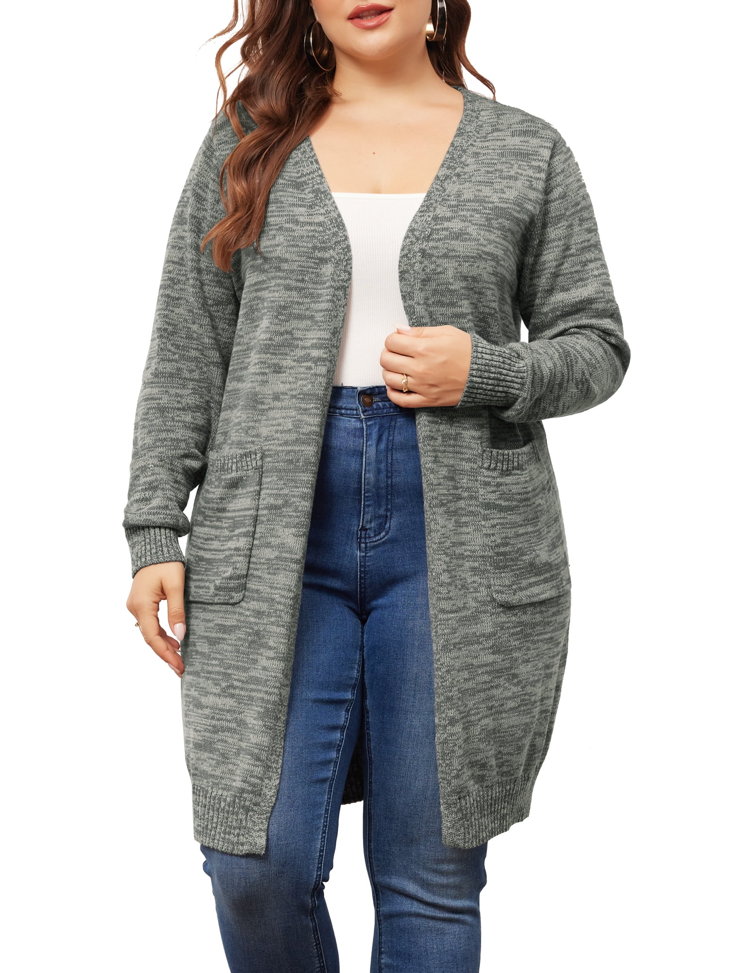 DARING DIVA Plus Size Contrast Color Open Front Long Sleeve Cardigan 1X Grey
