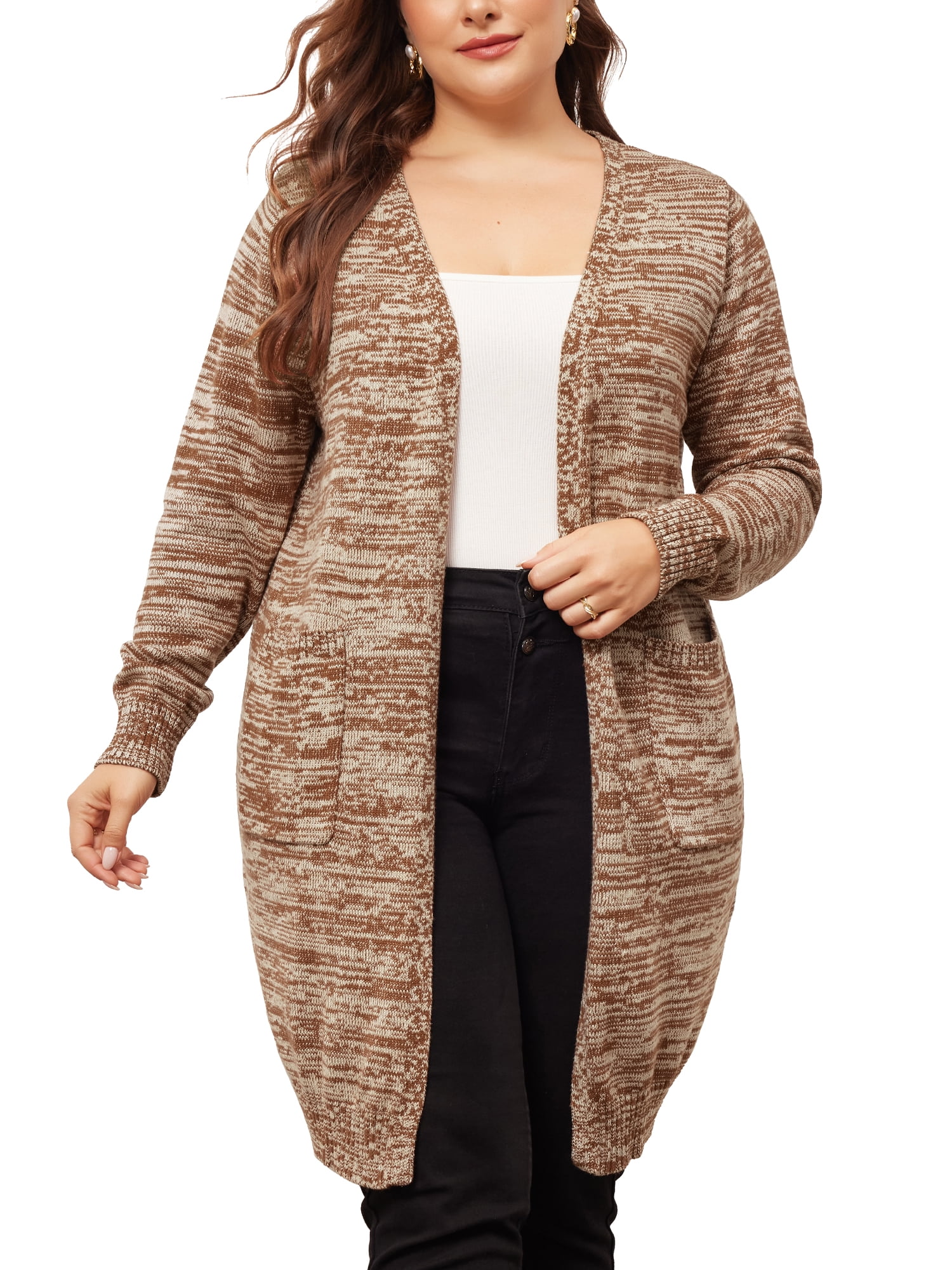DARING DIVA Plus Size Contrast Color Open Front Long Sleeve Cardigan 4X Brown