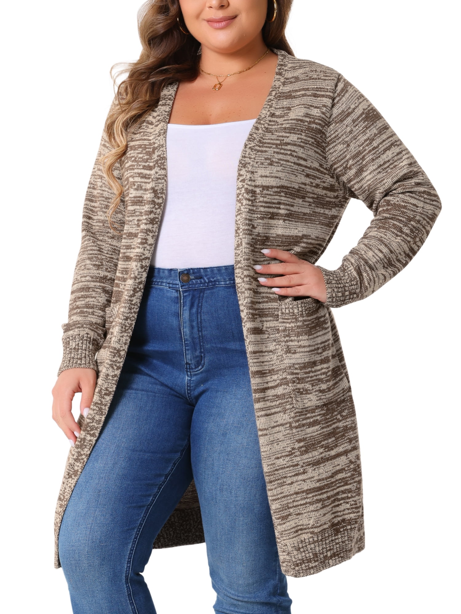 DARING DIVA Plus Size Contrast Color Open Front Long Sleeve Cardigan 4X Coffee