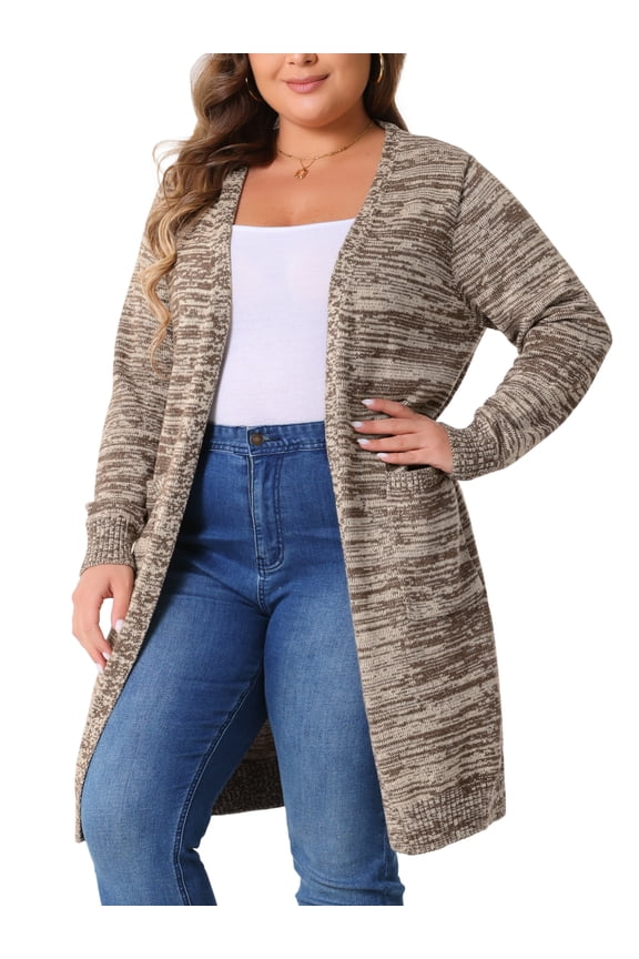 Plus Size Contrast Color Open Front Long Sleeve Cardigan 4X Coffee