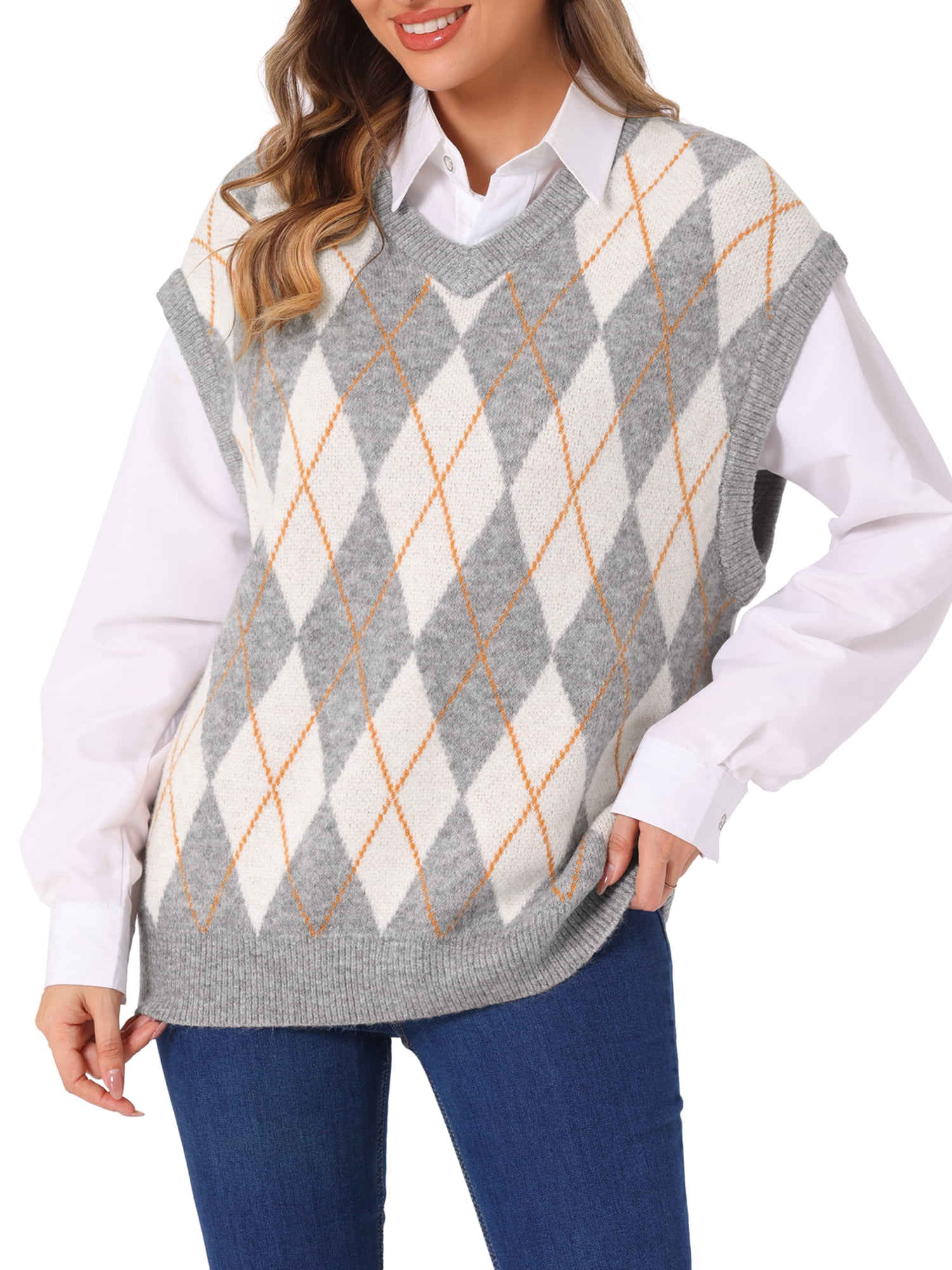 DARING DIVA Plus Size Contrast Color Sweater Vest Knit Pullover M Grey
