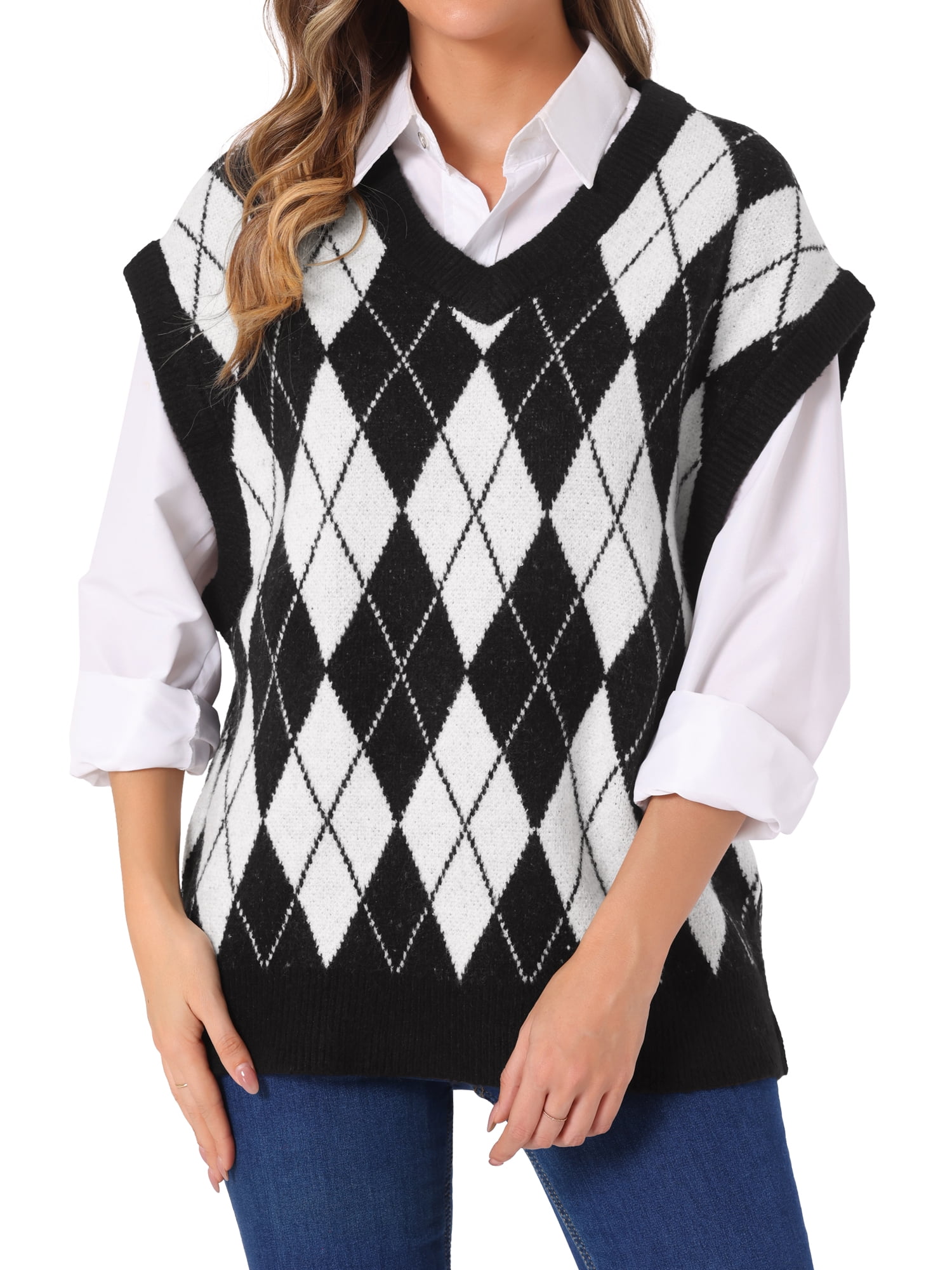 DARING DIVA Plus Size Contrast Color Sweater Vest Knit Pullover S Black
