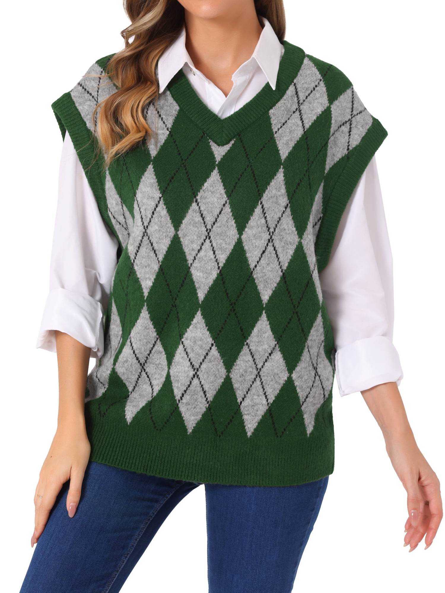 DARING DIVA Plus Size Contrast Color Sweater Vest Knit Pullover S Dark Green