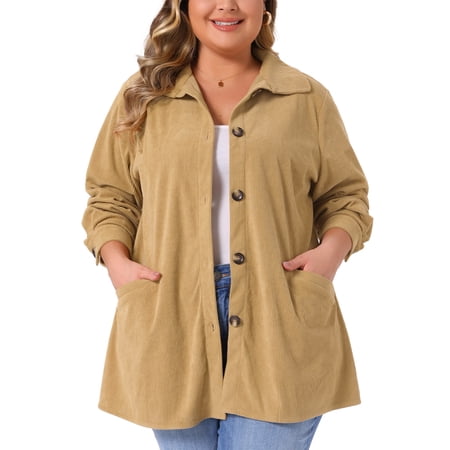 DARING DIVA Plus Size Corduroy Long Sleeve Button Down Shacket Jacket 1X Khaki