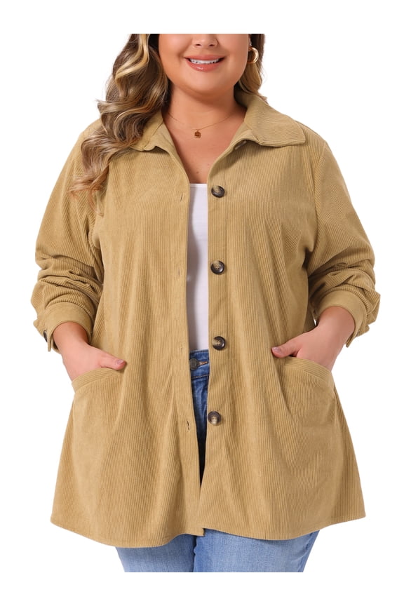Plus Size Corduroy Long Sleeve Button Down Shacket Jacket 3X Khaki