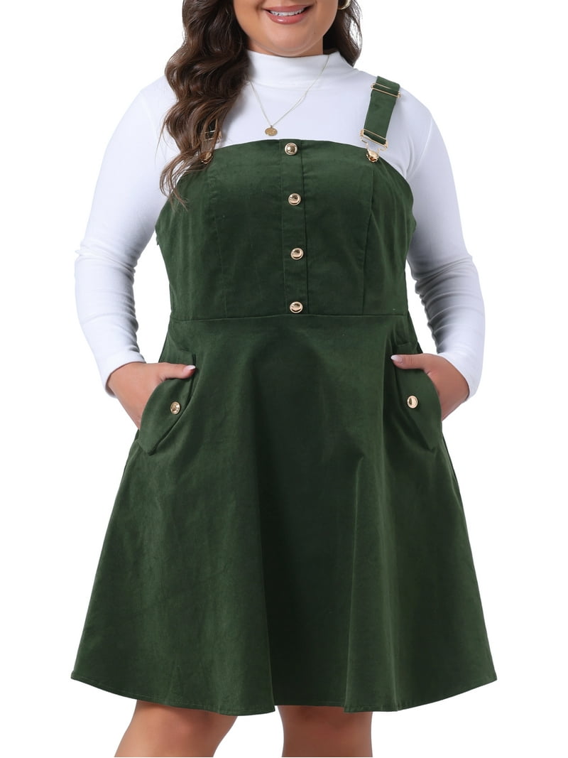 DARING DIVA Plus Size Corduroy Pinafore Overall Dress 1X Army