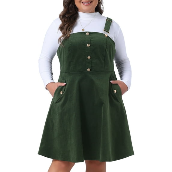 DARING DIVA Plus Size Corduroy Pinafore Overall Dress 1X Army Green