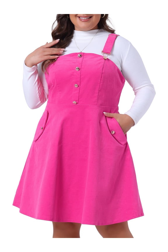 Plus Size Corduroy Pinafore Overall Dress 1X Hot Pink