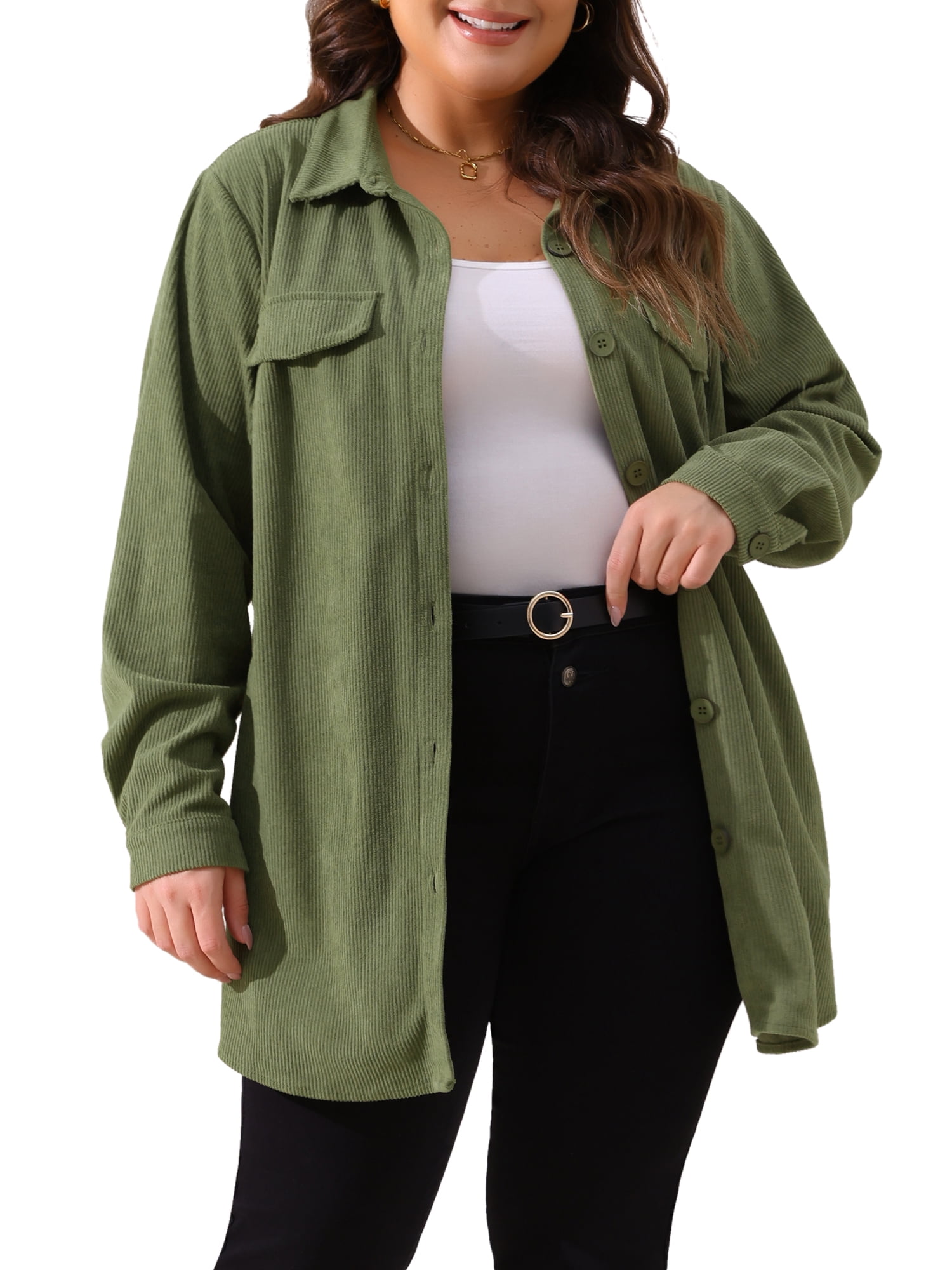 DARING DIVA Plus Size Corduroy Shirts Button Down Shackets Jacket 1X Green