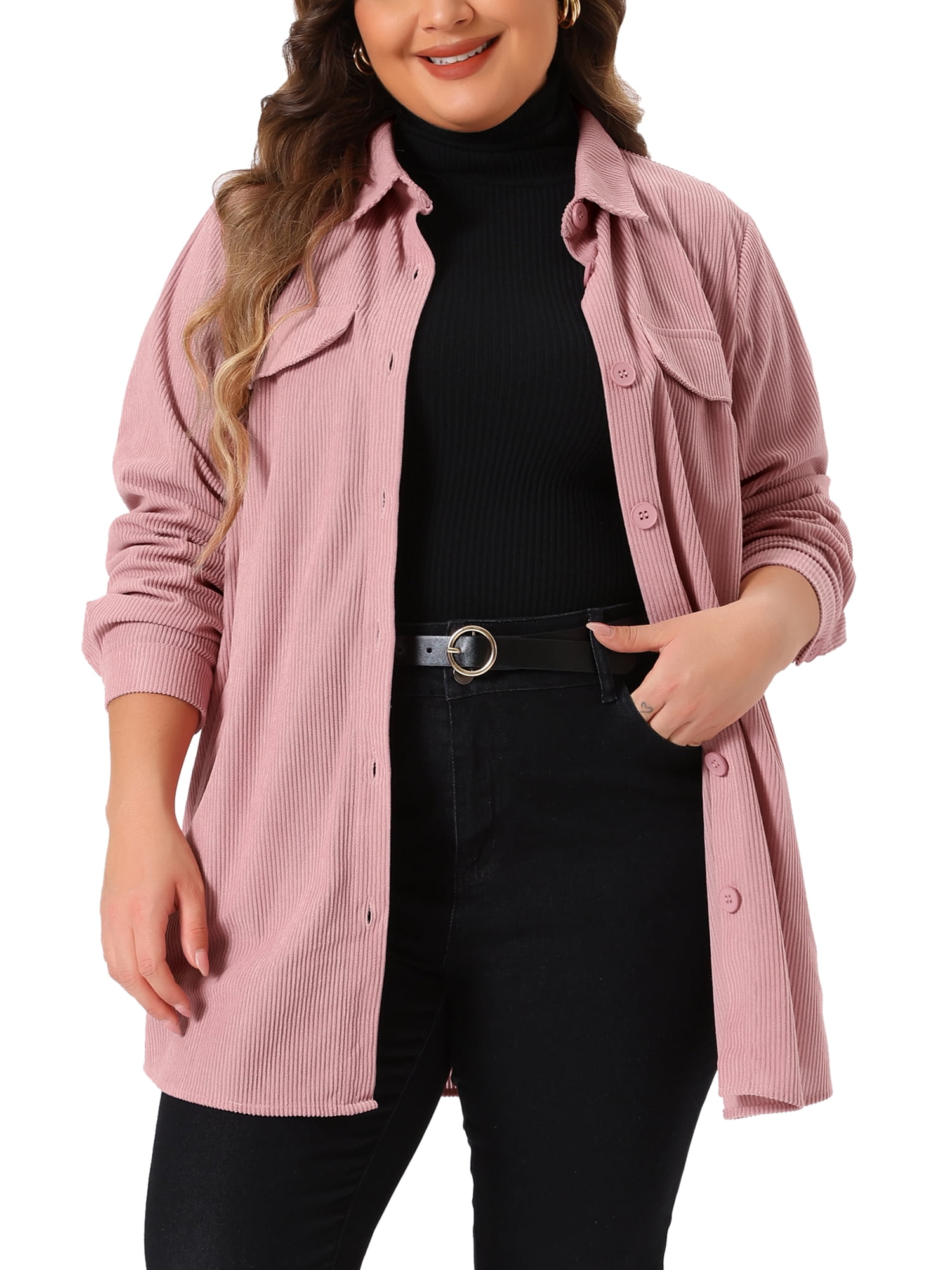 DARING DIVA Plus Size Corduroy Shirts Button Down Shackets Jacket 2X Pink