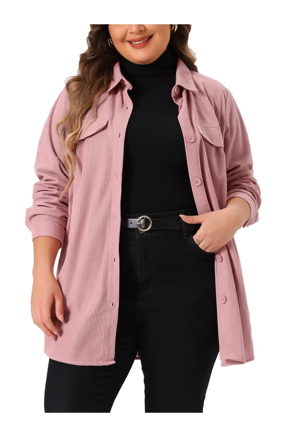 Plus Size Corduroy Shirts Button Down Shackets Jacket 2X Pink
