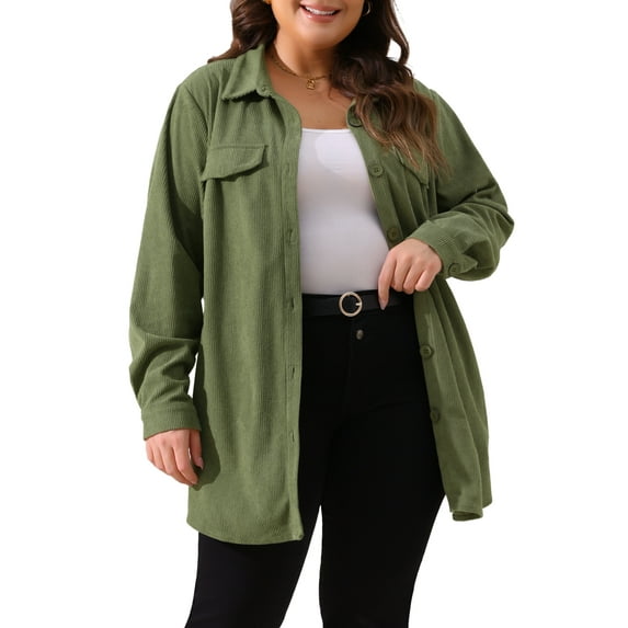 DARING DIVA Plus Size Corduroy Shirts Button Down Shackets Jacket 3X Green