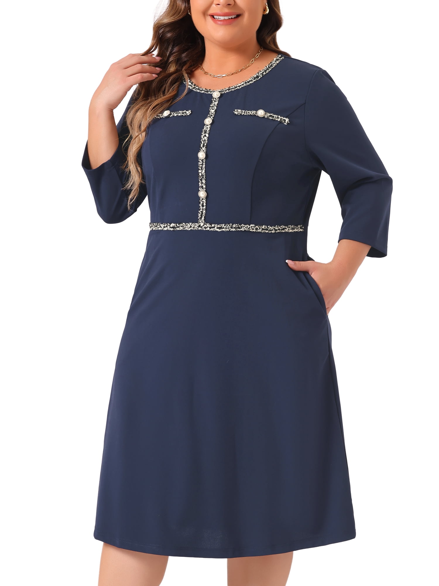 DARING DIVA Plus Size Crew Neck 3/4 Sleeve Vintage Cocktail Dress 1X Dark Blue