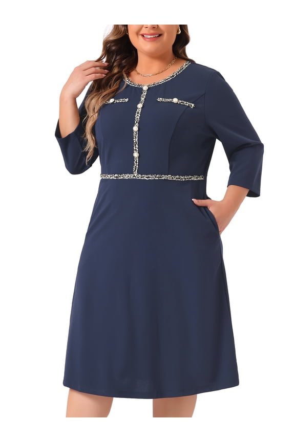Plus Size Crew Neck 3/4 Sleeve Vintage Cocktail Dress 3X Dark Blue