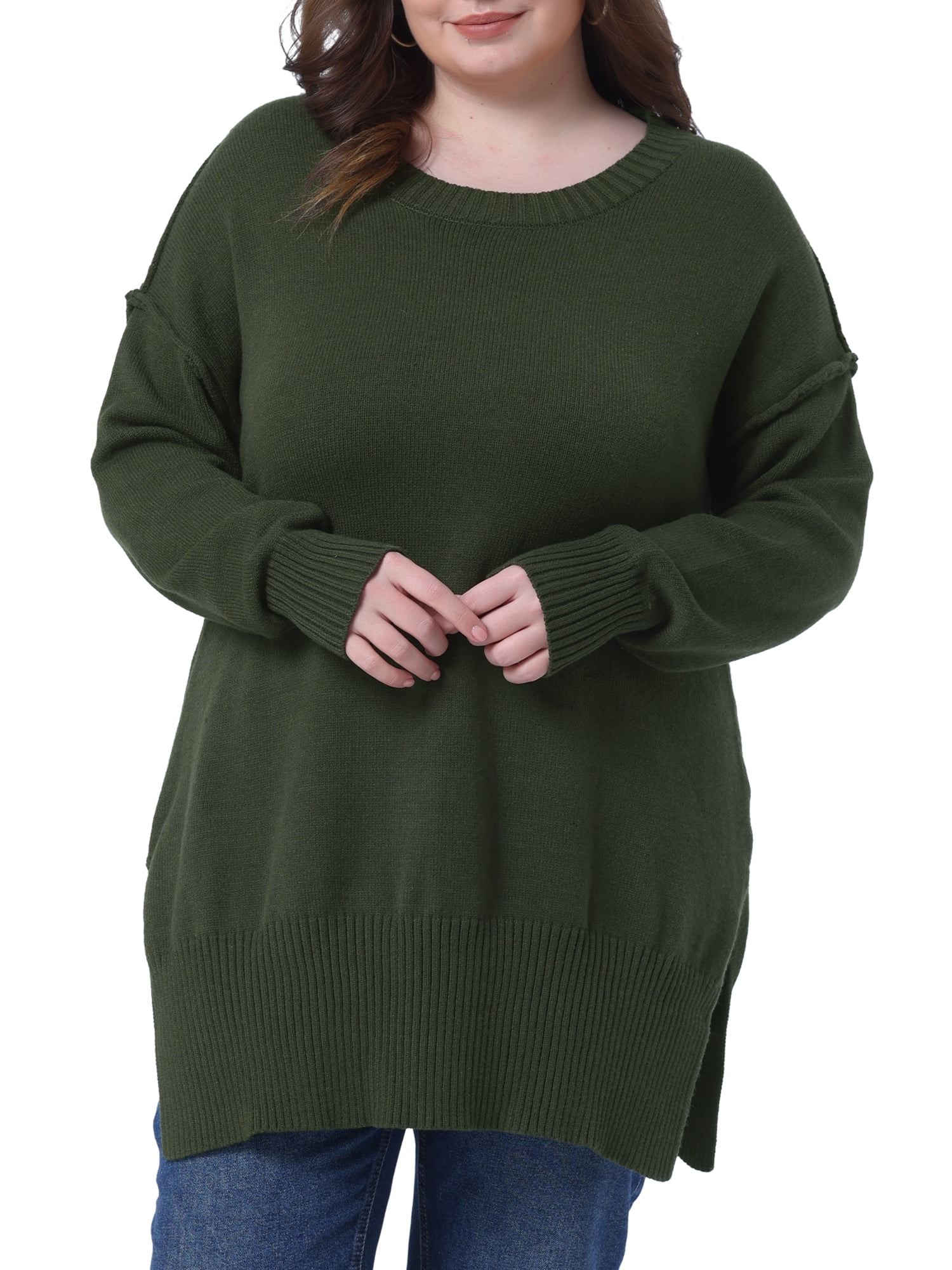 DARING DIVA Women's Plus Crew Neck Long Sleeve Slit Hem Pullover Sweater 1X Army Green