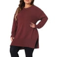 thumbnail image 1 of DARING DIVA Plus Size Crew Neck Long Sleeve Slit Hem Pullover Sweater 1X Burgundy, 1 of 6