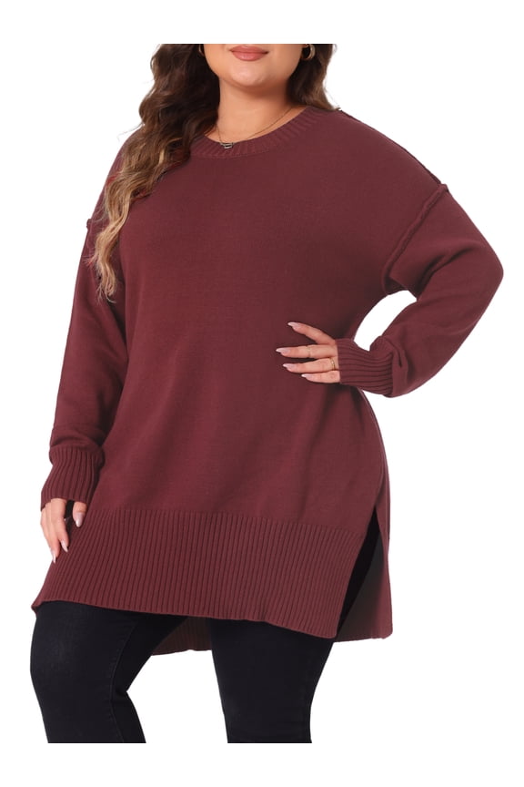 Plus Size Crew Neck Long Sleeve Slit Hem Pullover Sweater 1X Burgundy