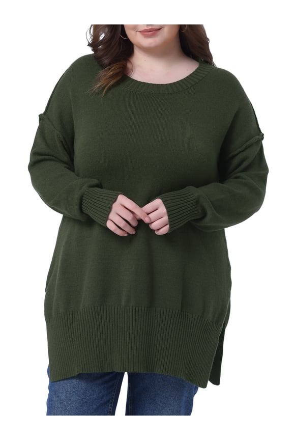 Plus Size Crew Neck Long Sleeve Slit Hem Pullover Sweater 2X Army Green