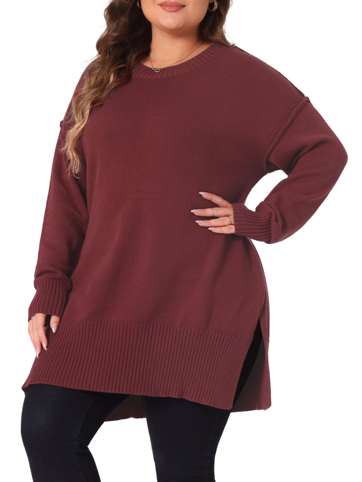 DARING DIVA Women's Plus Crew Neck Long Sleeve Slit Hem Pullover Sweater 3X Burgundy