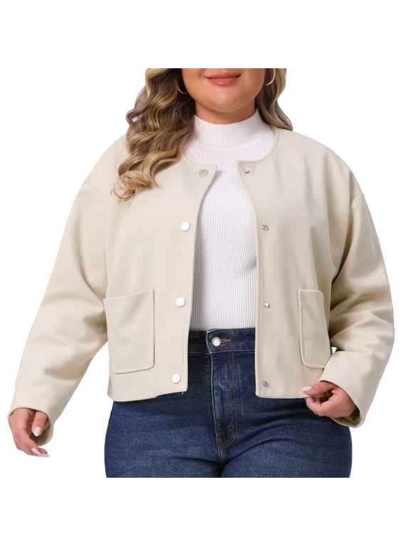 Plus Size Cropped Jacket Long Sleeve Casual Shacket Coat 1X Apricot