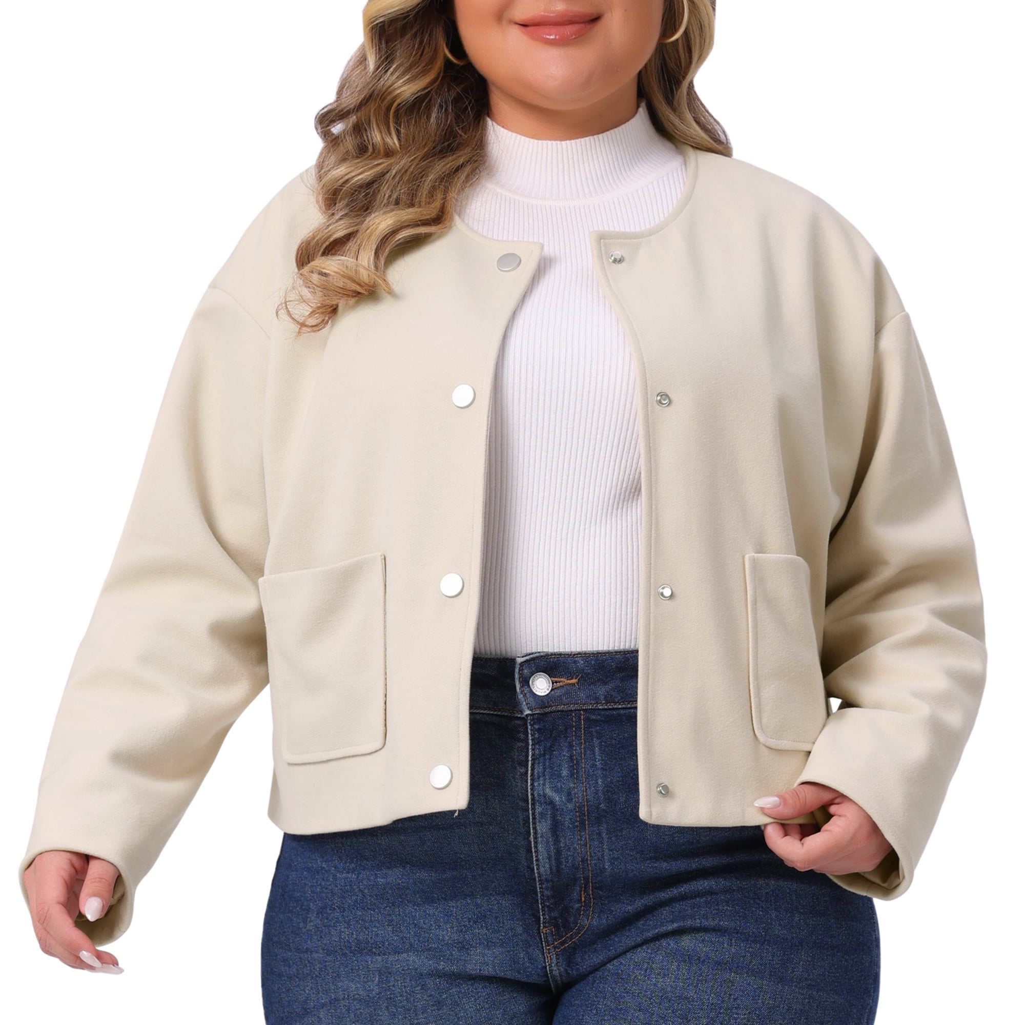 DARING DIVA Plus Size Cropped Jacket Long Sleeve Casual Shacket Coat 4X Apricot