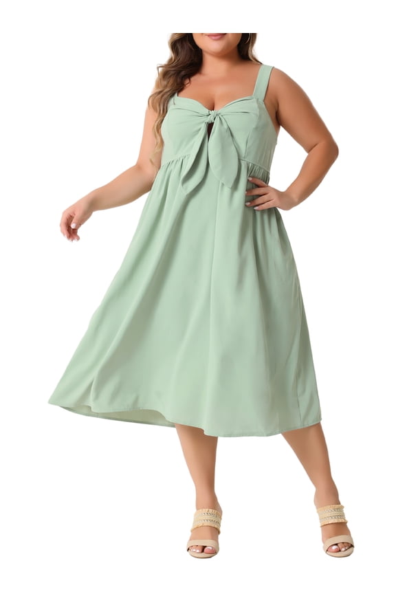 Plus Size Cute Bow Flowy Back Smocked Midi Cami Dress 2X Green