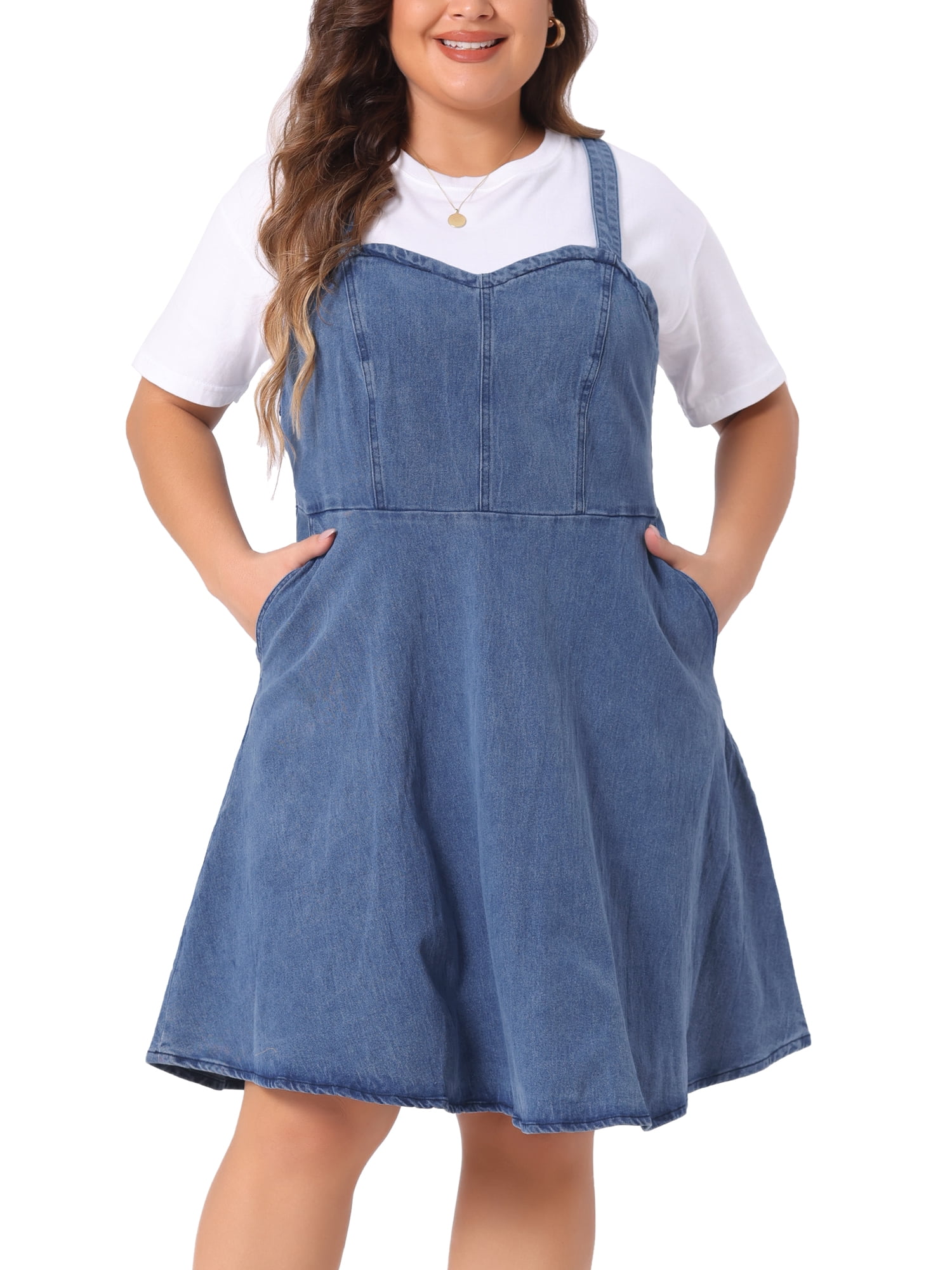 DARING DIVA Women's Plus Size Denim Overall Adjustable Straps Pockets Dress 2X Blue