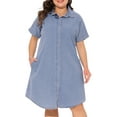 thumbnail image 1 of DARING DIVA Plus Size Denim Short Sleeve Button Down Dress 1X Light Blue, 1 of 6