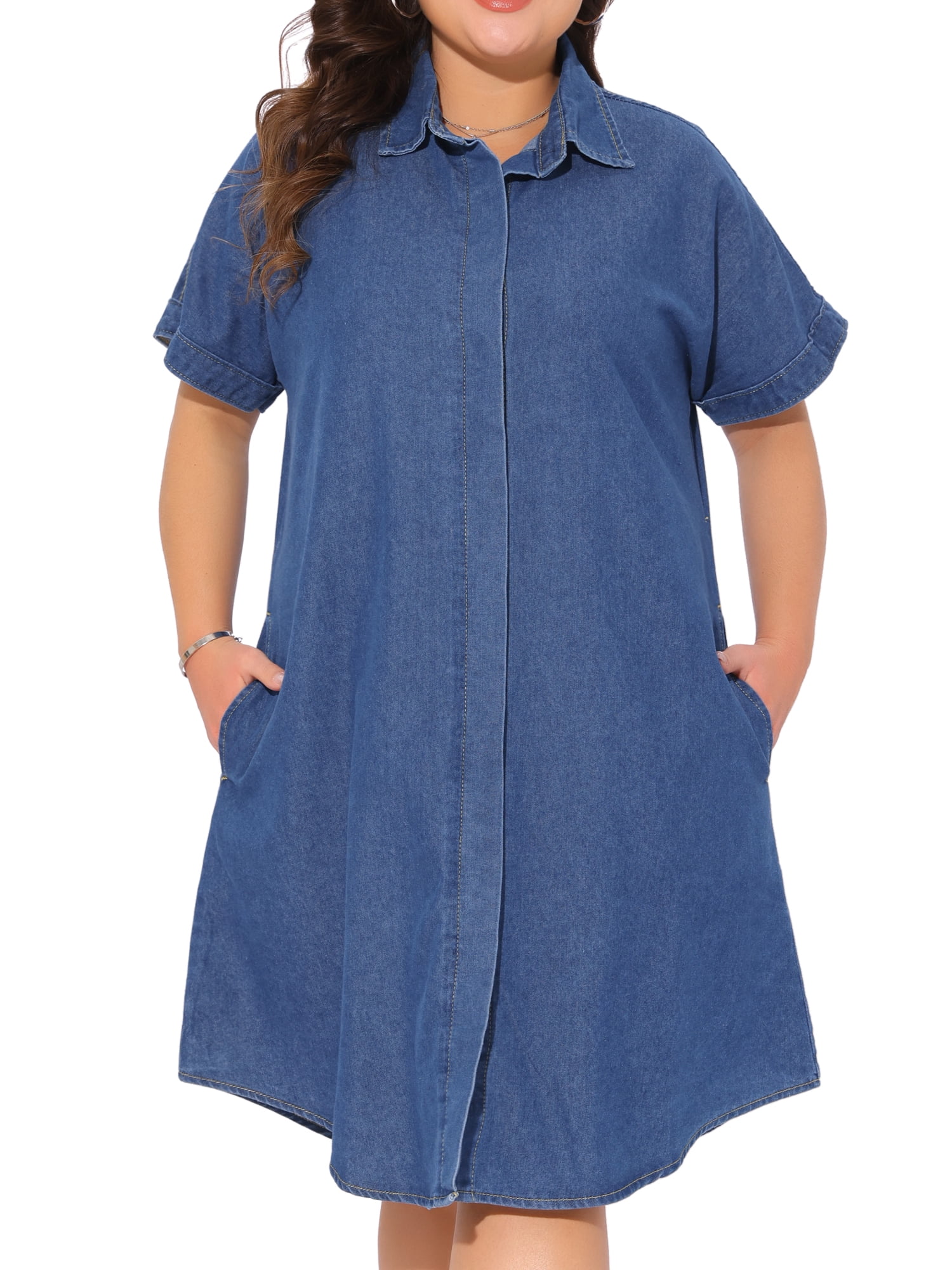 DARING DIVA Women's Plus Size Denim Short Sleeve Button Down Dress 2X Blue