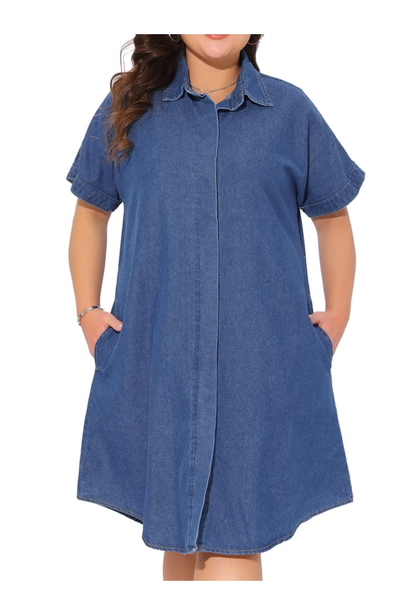 Plus Size Denim Short Sleeve Button Down Dress 2X Blue