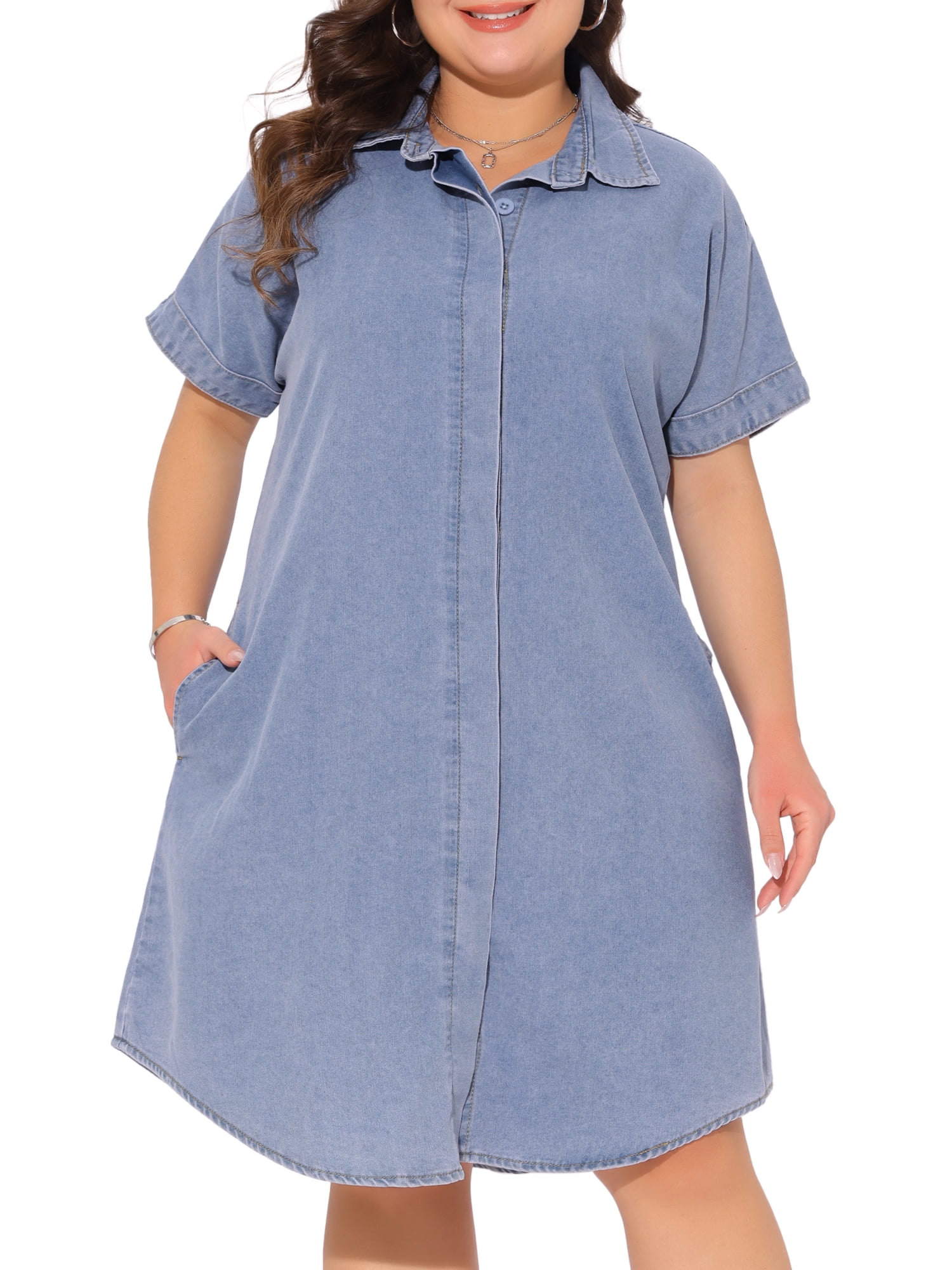 DARING DIVA Women's Plus Size Denim Short Sleeve Button Down Dress 4X Light Blue