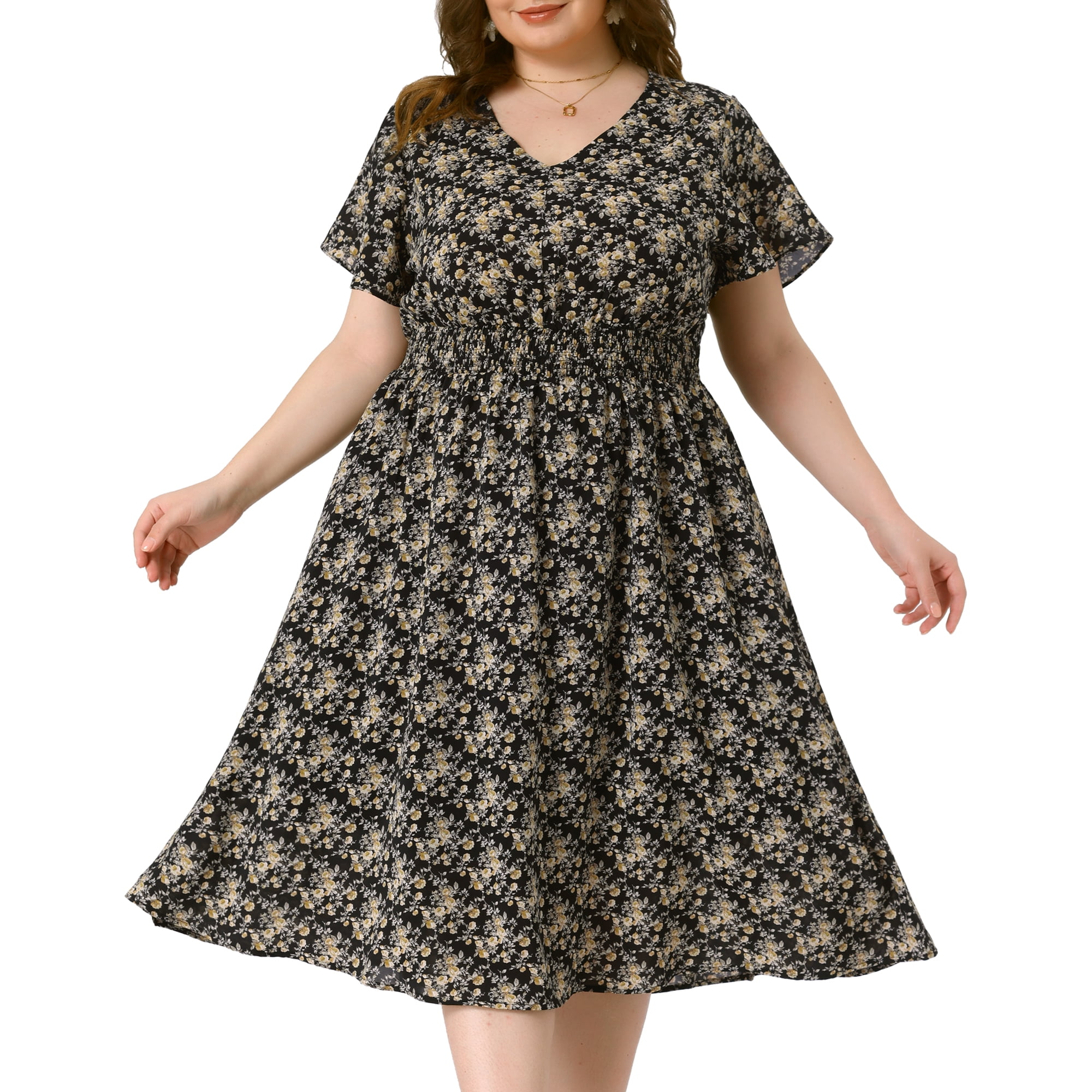 DARING DIVA Plus Size Ditsy Floral V Neck Smocked Waist Midi Dress 1X Black