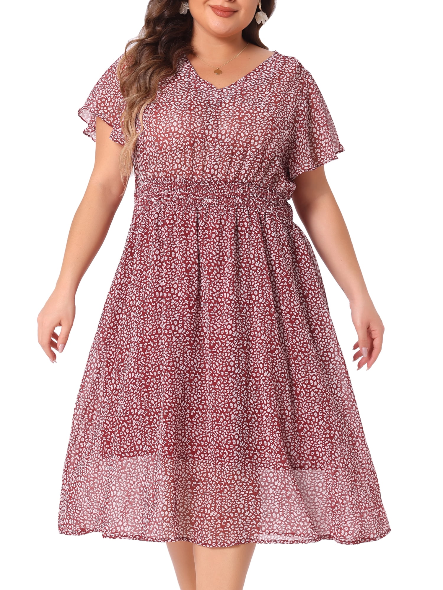 DARING DIVA Plus Size Ditsy Floral V Neck Smocked Waist Midi Dress 2X  Burgundy