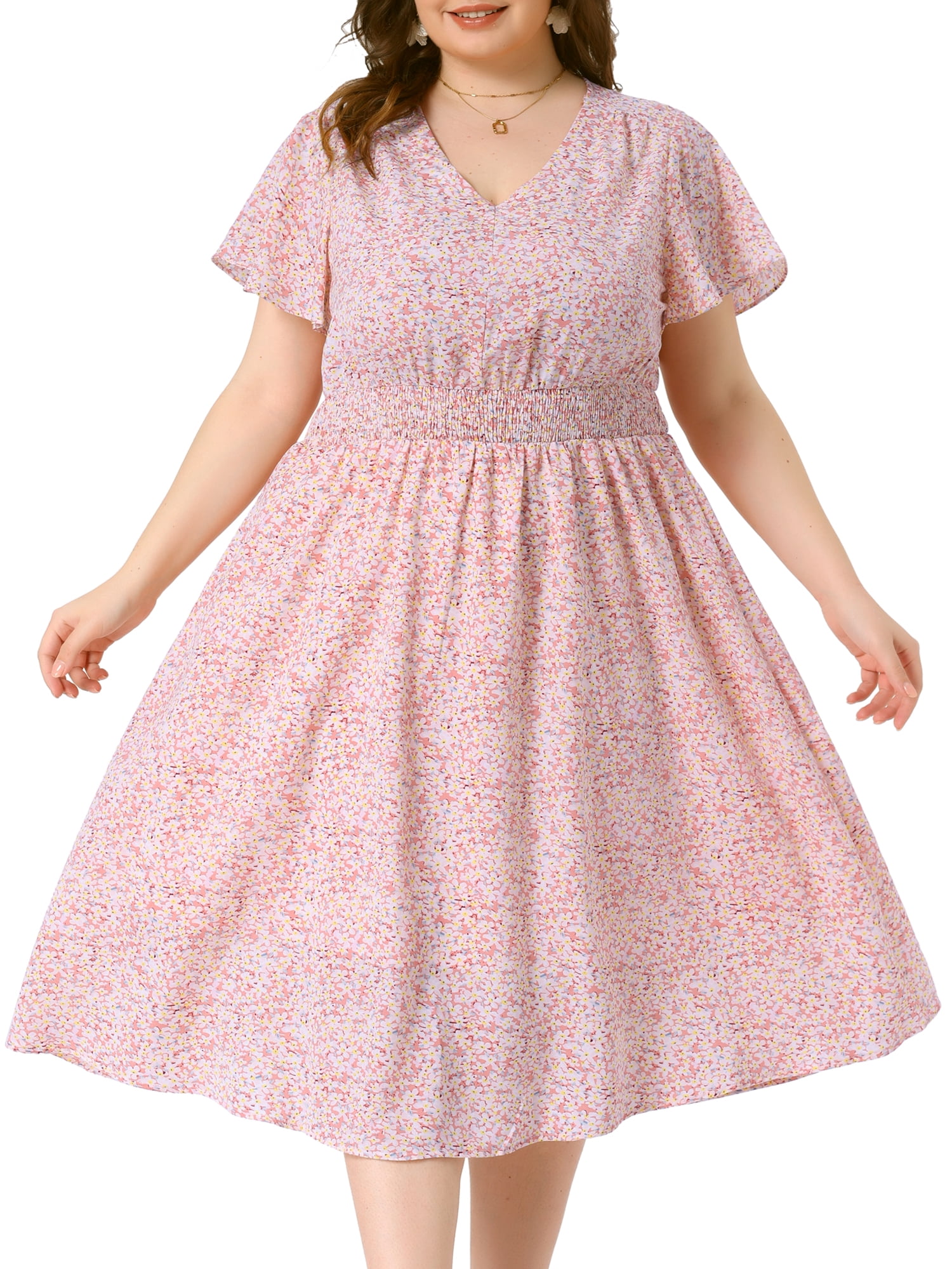 DARING DIVA Plus Size Ditsy Floral V Neck Smocked Waist Midi Dress 3X Pink