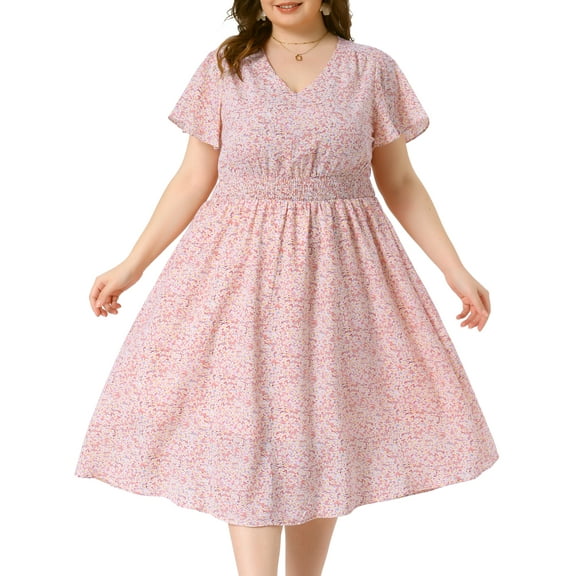 DARING DIVA Plus Size Ditsy Floral V Neck Smocked Waist Midi Dress 3X Pink