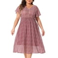 thumbnail image 1 of DARING DIVA Plus Size Ditsy Floral V Neck Smocked Waist Midi Dress 4X Burgundy, 1 of 6
