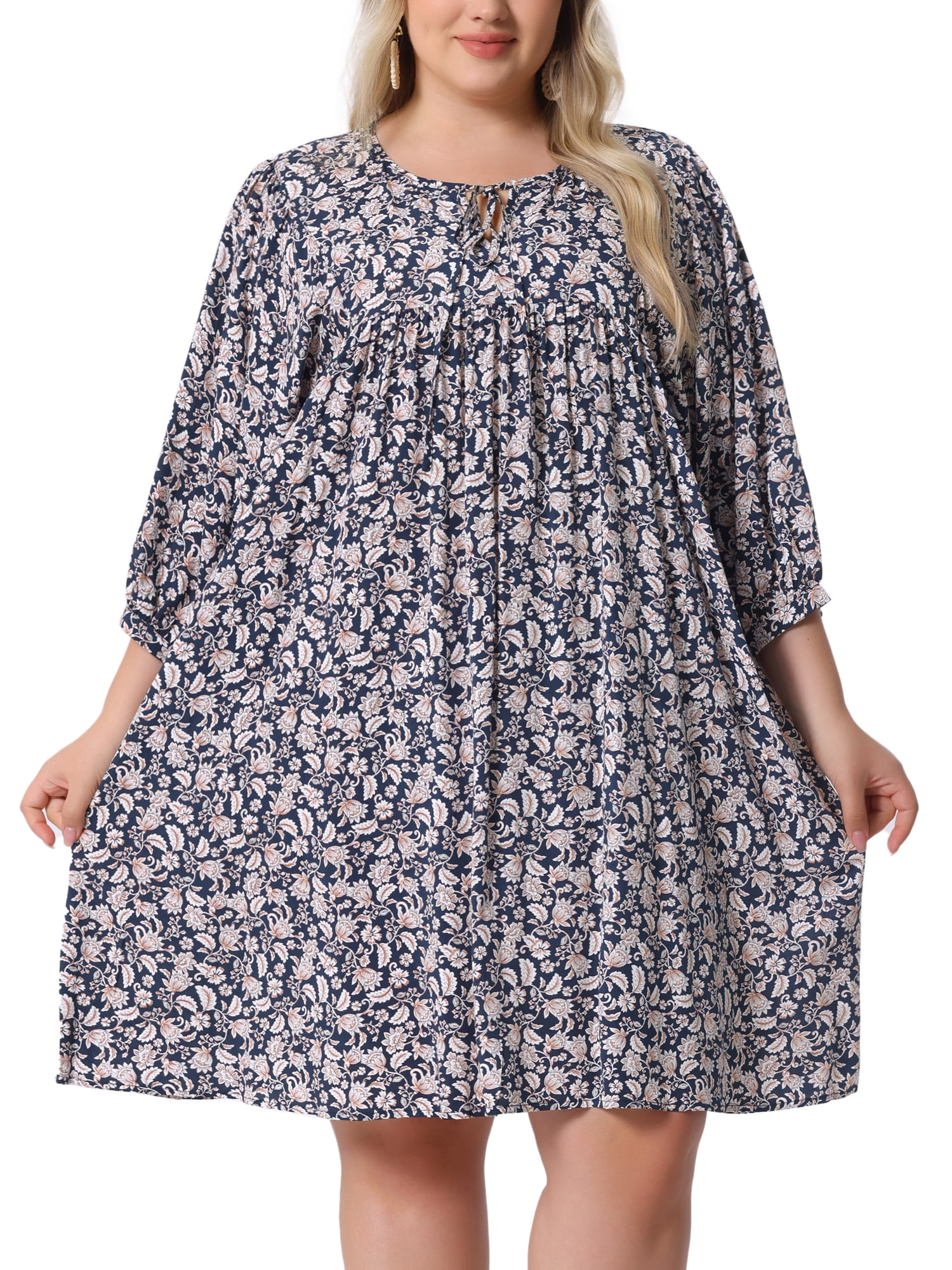 DARING DIVA Women's Plus Size Drawstring V Neck Babydoll Midi Flowy Dress 1X Navy Blue
