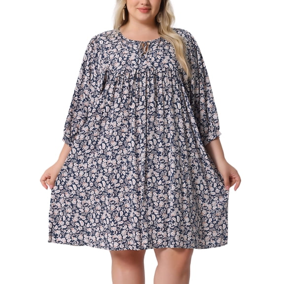 DARING DIVA Plus Size Drawstring V Neck Babydoll Midi Flowy Dress 1X Navy Blue