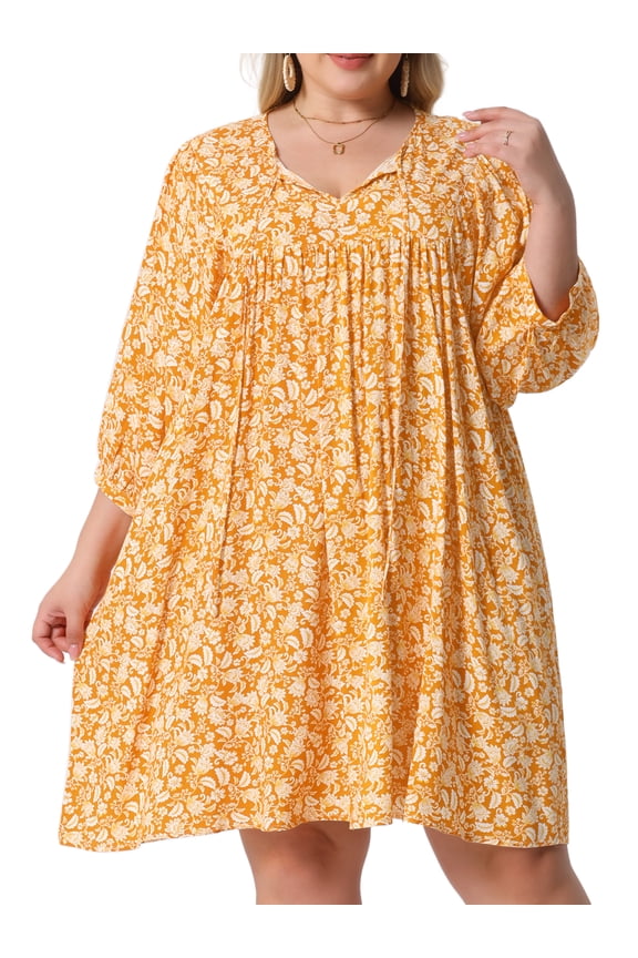 Plus Size Drawstring V Neck Babydoll Midi Flowy Dress 1X Orange