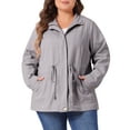 thumbnail image 1 of DARING DIVA Plus Size Drawstring Waist Zip-up Utility Jacket 1X Light Grey, 1 of 6