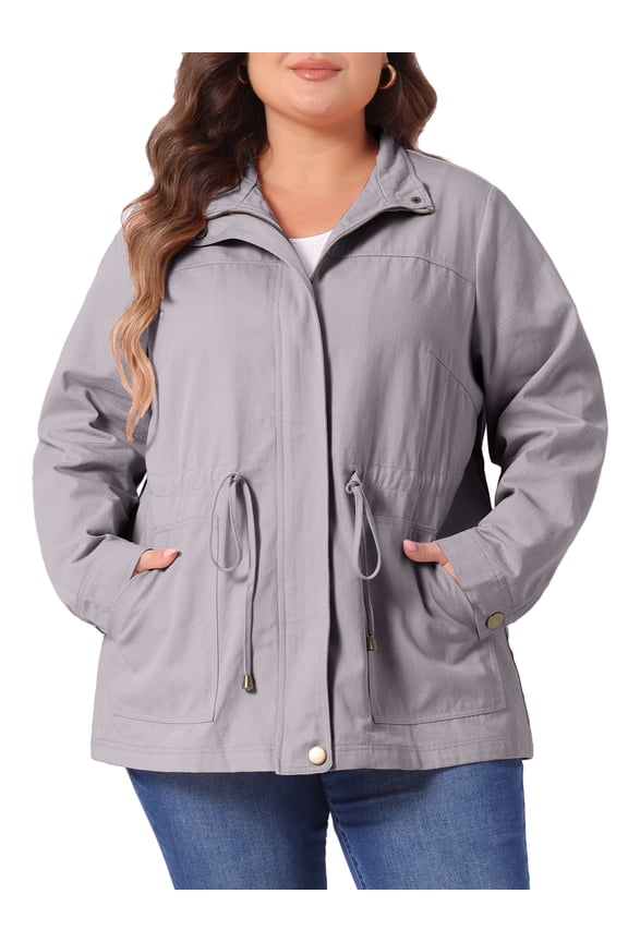 Women's Plus Size Drawstring Waist Zip-up Utility Jacket 1X Light Grey