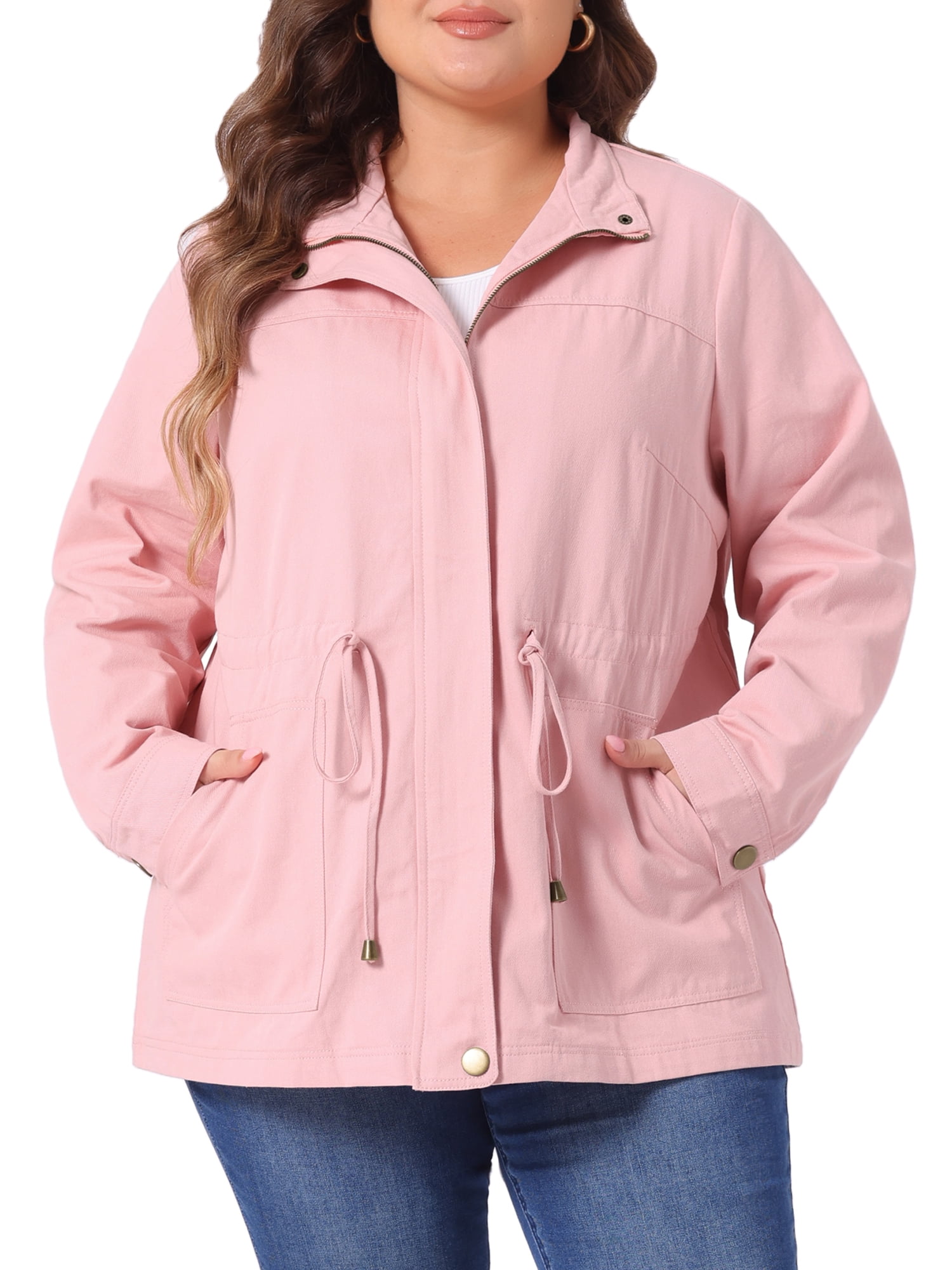 DARING DIVA Women's Plus Size Drawstring Waist Zip-up Utility Jacket 1X Pink