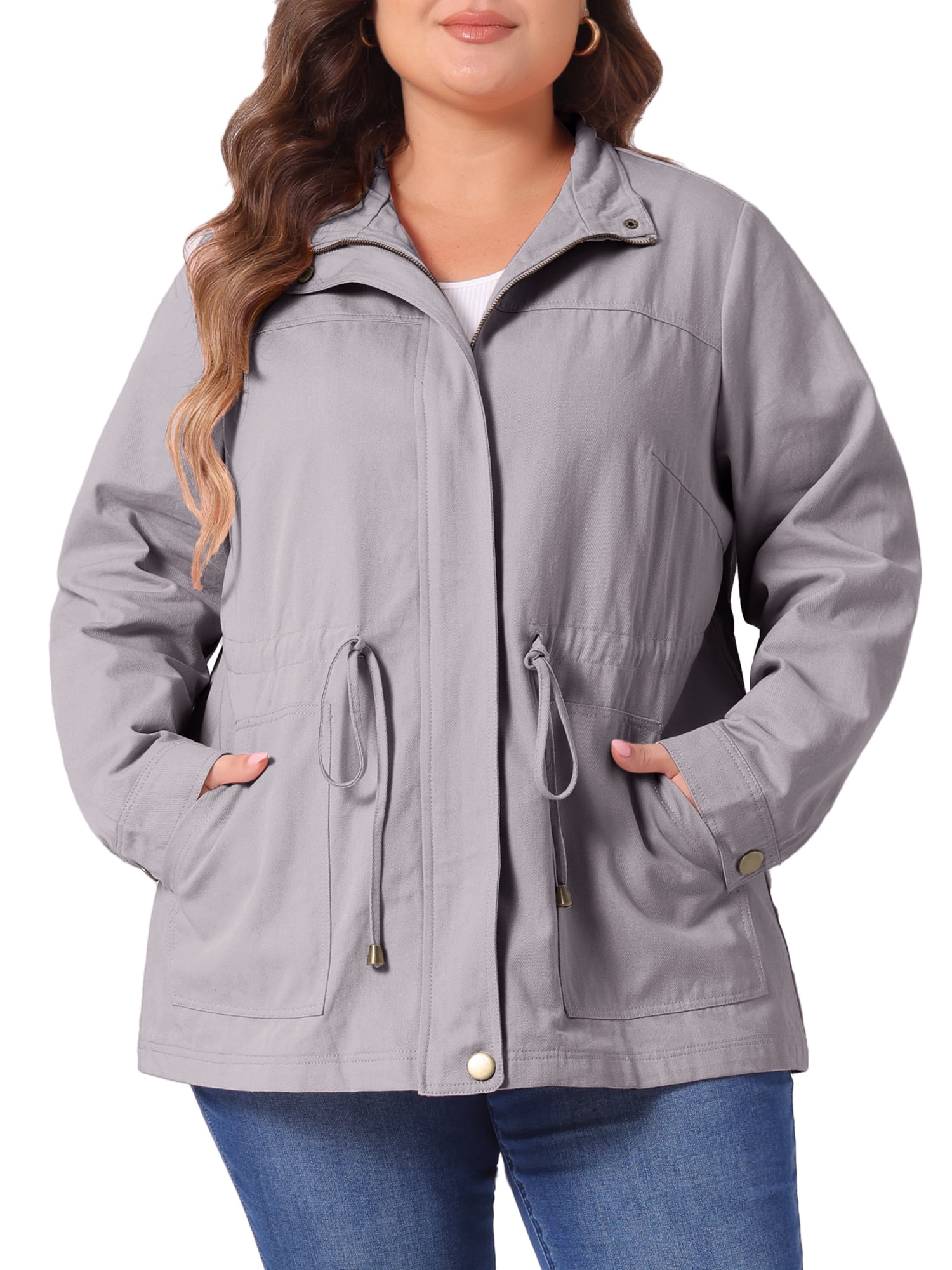 DARING DIVA Women's Plus Size Drawstring Waist Zip-up Utility Jacket 2X Light Grey