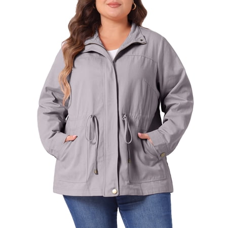 DARING DIVA Women's Plus Size Drawstring Waist Zip-up Utility Jacket 2X Light Grey