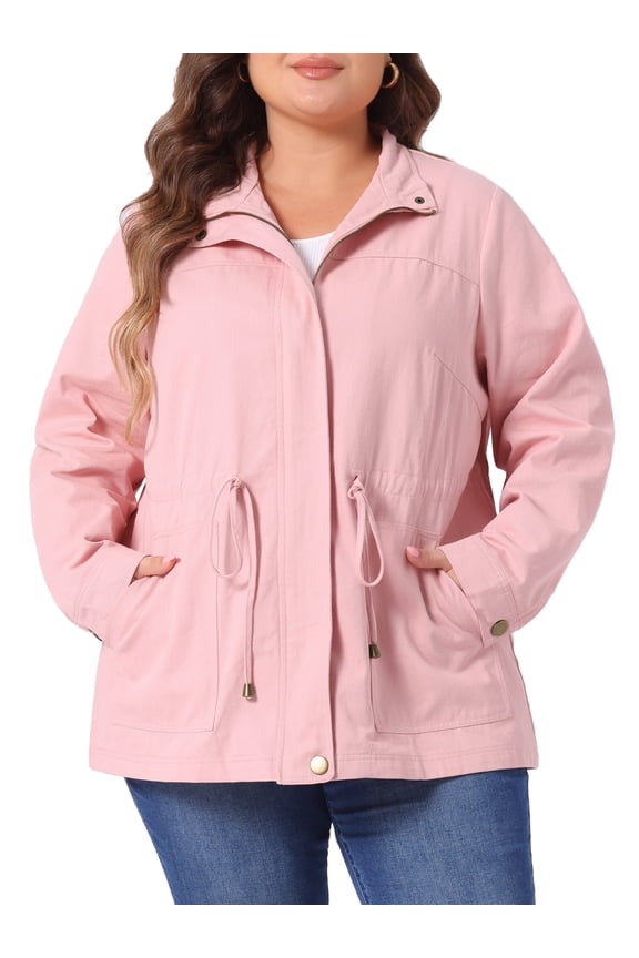 Women's Plus Size Drawstring Waist Zip-up Utility Jacket 3X Pink