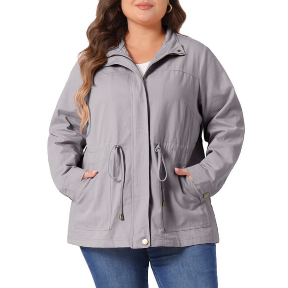 DARING DIVA Plus Size Drawstring Waist Zip-up Utility Jacket 4X Light Grey
