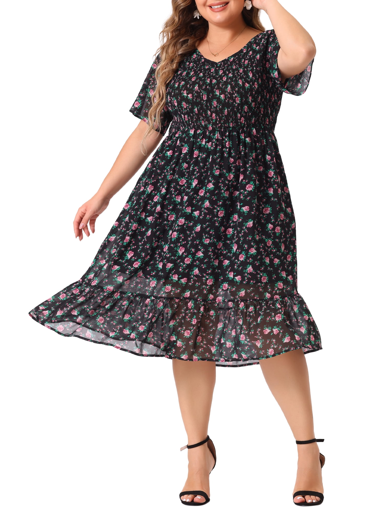 DARING DIVA Plus Size Elegant Floral Outfits Flare Midi Dress 1X Black Pink