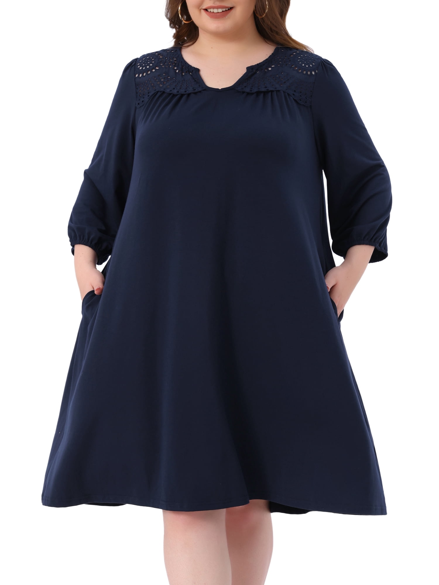 DARING DIVA Plus Size Eyelet Hollow Out Notched V Neck Midi Dress 3X Dark Blue
