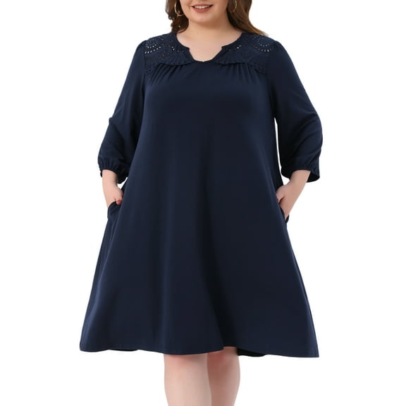 DARING DIVA Plus Size Eyelet Hollow Out Notched V Neck Midi Dress 4X Dark Blue